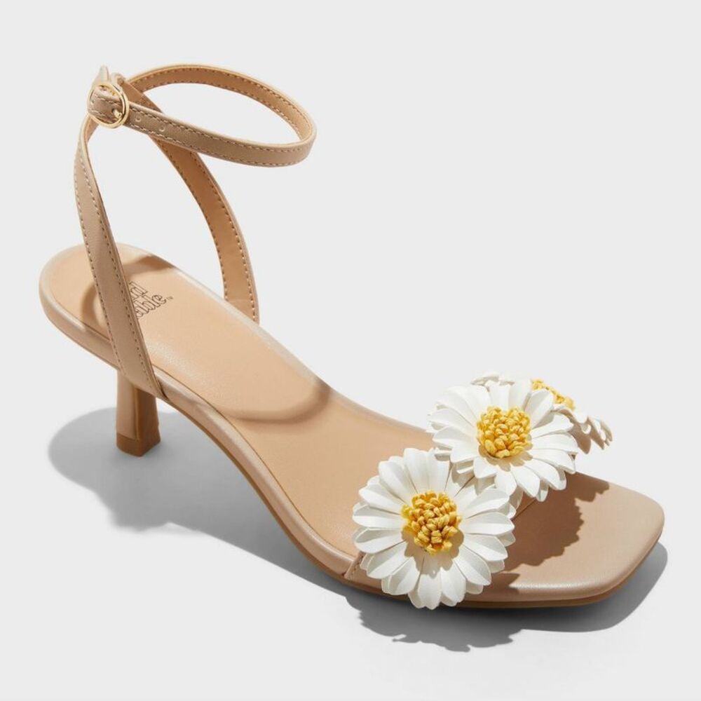 Women's Brianna Daisy Ankle Strap Heels with 2.75" Louis Heel - Beige 8.5